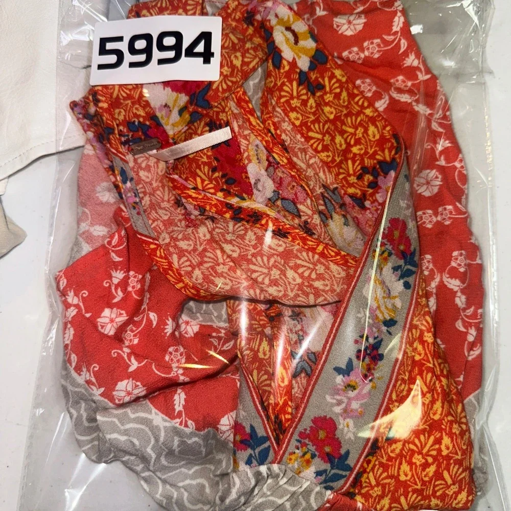 Free People Mixed Print Babydoll Halter Tank Top Orange Red Floral Boho Small